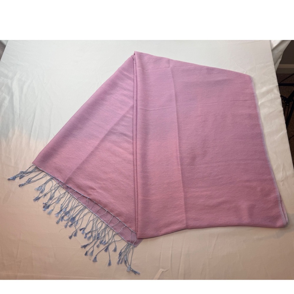 Handmade Nepal Reversible Water Shawl Pink Blue Fringed Wrap Scarf 28x82